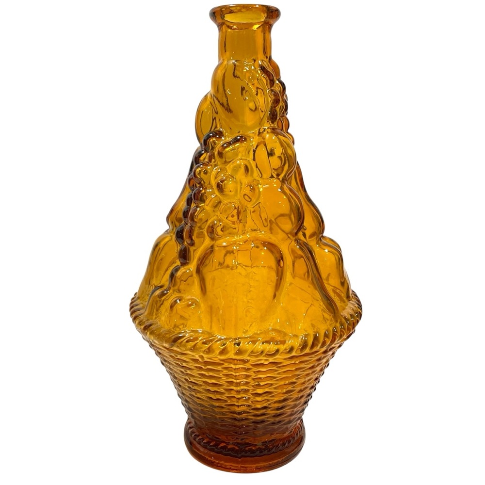 Vintage 1960s Empoli Italy Amber Glass Decanter Fruit Basket Mid-Century Modern